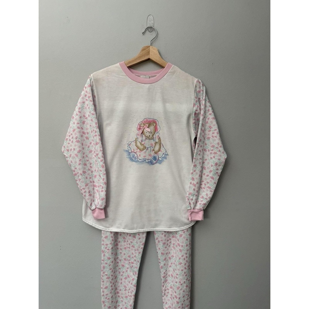 Vintage Carter's Teddy Bear Pajama Set Size 14 Girls Pink & White Floral Footie